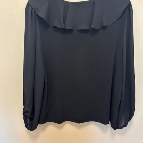 Ann Taylor Long Sleeve V Neck Black top with Ruffled V Neck and Billowy Sleeves. - Picture 2 of 5